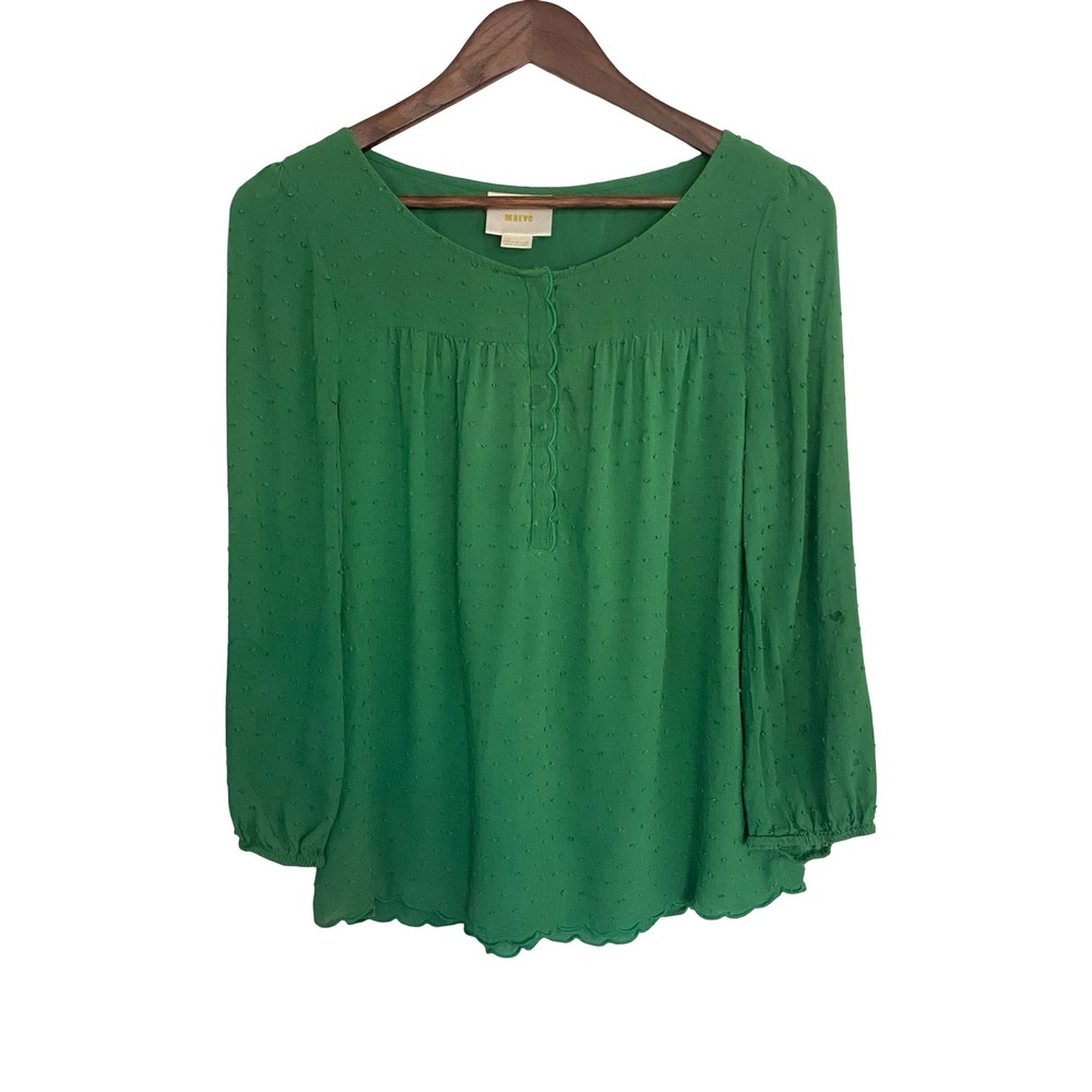 Maeve Green Swiss Dot Blouse Women US 8 Boho Rayon Peasant Top